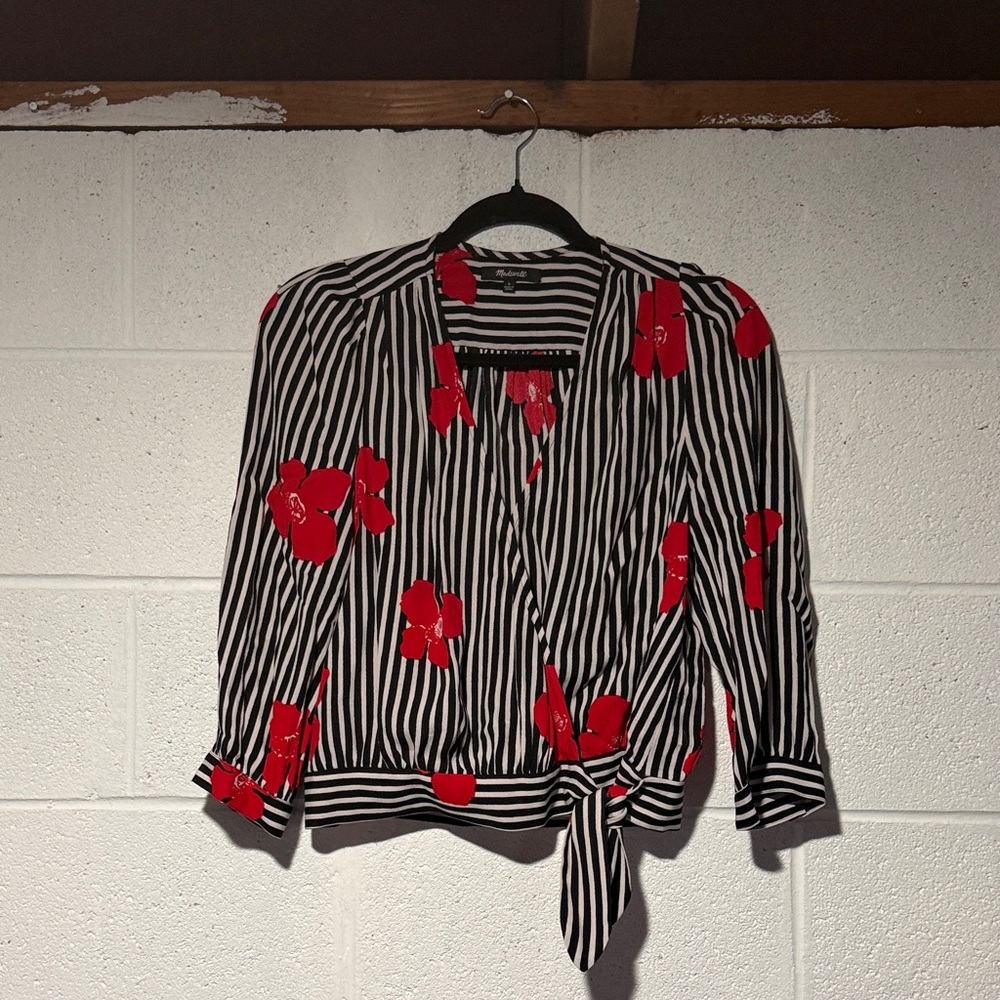 Madewell Striped Black & White Tie-Hem Top with Red Floral Print
